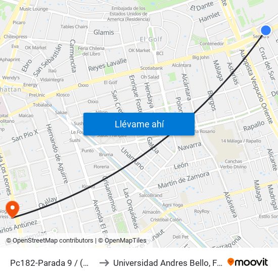 Pc182-Parada 9 / (M) Escuela Militar to Universidad Andres Bello, Facultad De Negocios map