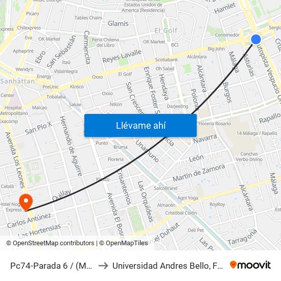 Pc74-Parada 6 / (M) Escuela Militar to Universidad Andres Bello, Facultad De Negocios map