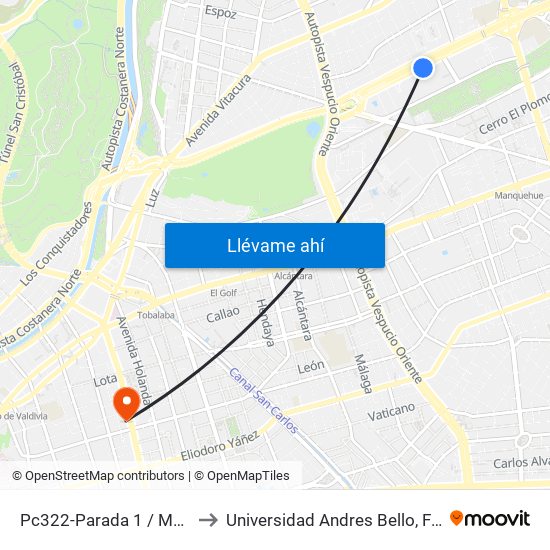 Pc322-Parada 1 / Mall Parque Arauco to Universidad Andres Bello, Facultad De Negocios map