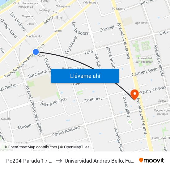 Pc204-Parada 1 / Guardia Vieja to Universidad Andres Bello, Facultad De Negocios map