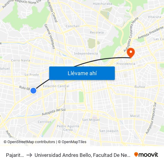 Pajaritos to Universidad Andres Bello, Facultad De Negocios map