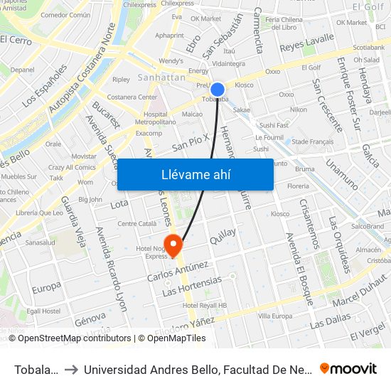 Tobalaba to Universidad Andres Bello, Facultad De Negocios map