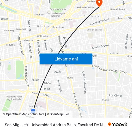 San Miguel to Universidad Andres Bello, Facultad De Negocios map