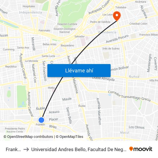 Franklin to Universidad Andres Bello, Facultad De Negocios map