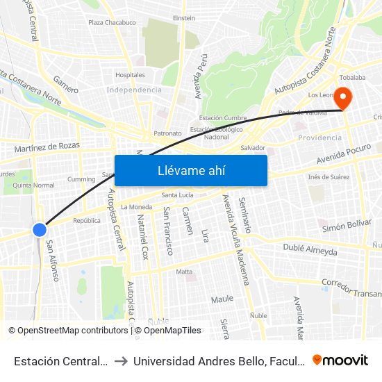 Estación Central (Anden1) to Universidad Andres Bello, Facultad De Negocios map