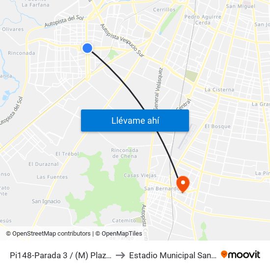 Pi148-Parada 3 / (M) Plaza De Maipú to Estadio Municipal San Bernardo map