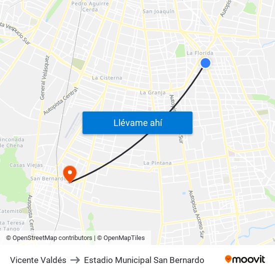 Vicente Valdés to Estadio Municipal San Bernardo map