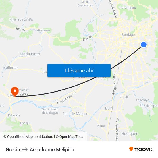 Grecia to Aeródromo Melipilla map