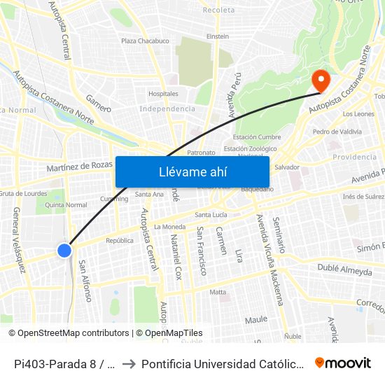Pi403-Parada 8 / (M) Estación Central to Pontificia Universidad Católica De Chile - Campus Lo Contador map