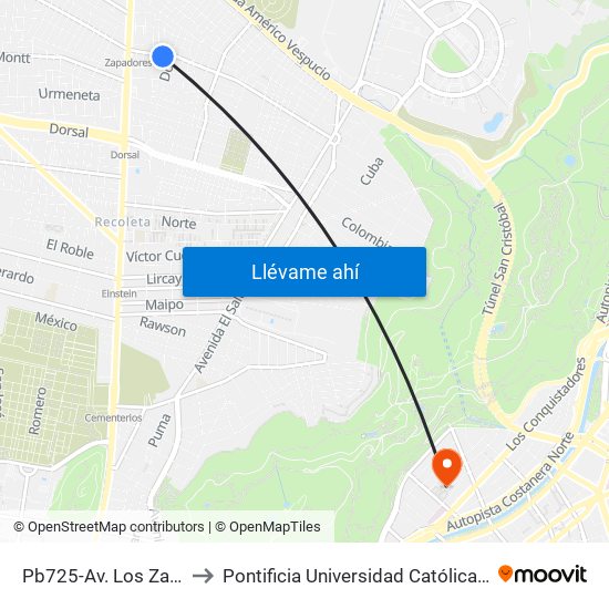 Pb725-Av. Los Zapadores / Esq. Dora to Pontificia Universidad Católica De Chile - Campus Lo Contador map