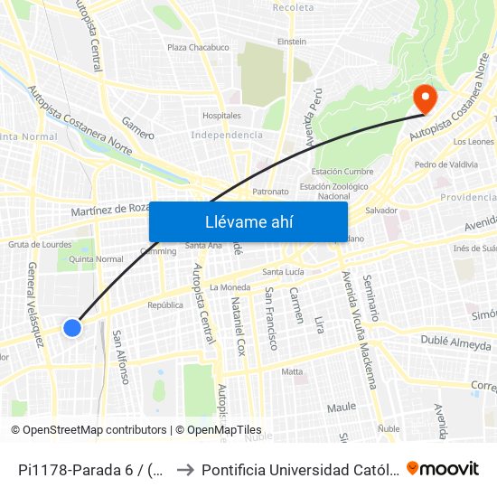 Pi1178-Parada 6 / (M) Universidad De Santiago to Pontificia Universidad Católica De Chile - Campus Lo Contador map