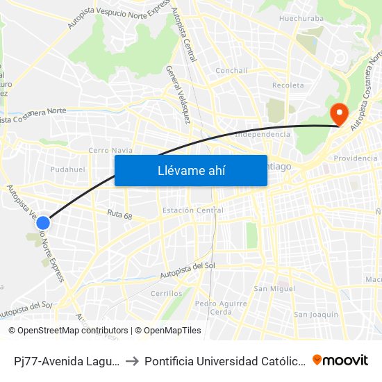 Pj77-Avenida Laguna Sur / Esq. Lebreles to Pontificia Universidad Católica De Chile - Campus Lo Contador map