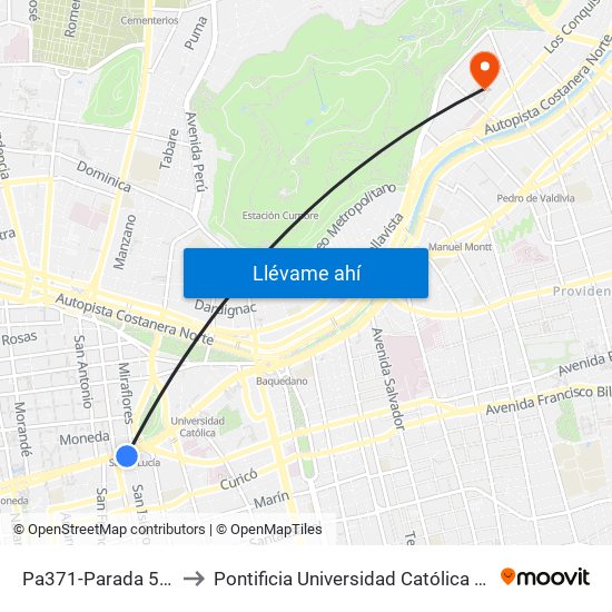 Pa371-Parada 5 / (M) Santa Lucía to Pontificia Universidad Católica De Chile - Campus Lo Contador map