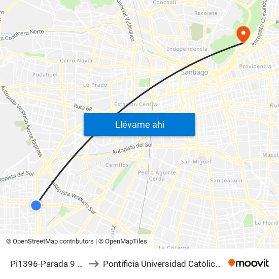 Pi1396-Parada 9 / (M) Plaza De Maipú to Pontificia Universidad Católica De Chile - Campus Lo Contador map