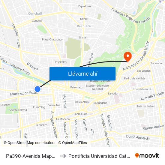 Pa390-Avenida Mapocho / Esq. Ricardo Cumming to Pontificia Universidad Católica De Chile - Campus Lo Contador map