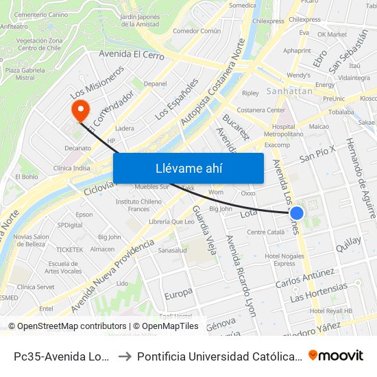 Pc35-Avenida Los Leones / Esq. Lota to Pontificia Universidad Católica De Chile - Campus Lo Contador map