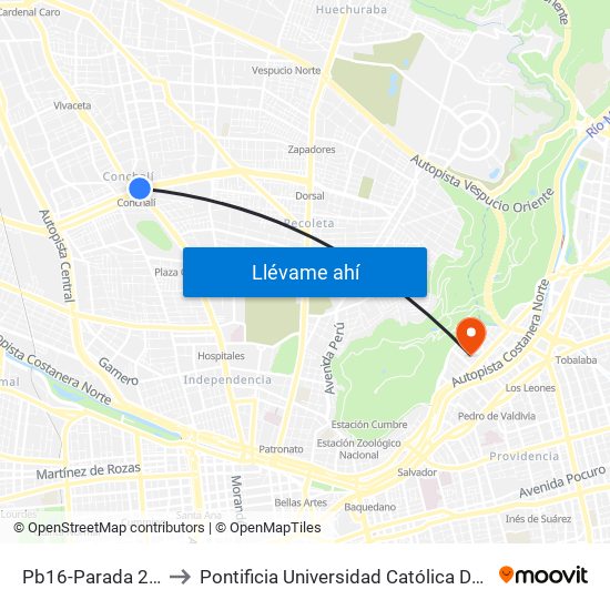 Pb16-Parada 2 / (M) Conchalí to Pontificia Universidad Católica De Chile - Campus Lo Contador map