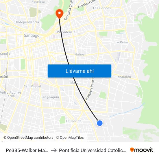 Pe385-Walker Martínez / Esq. Alicahue to Pontificia Universidad Católica De Chile - Campus Lo Contador map