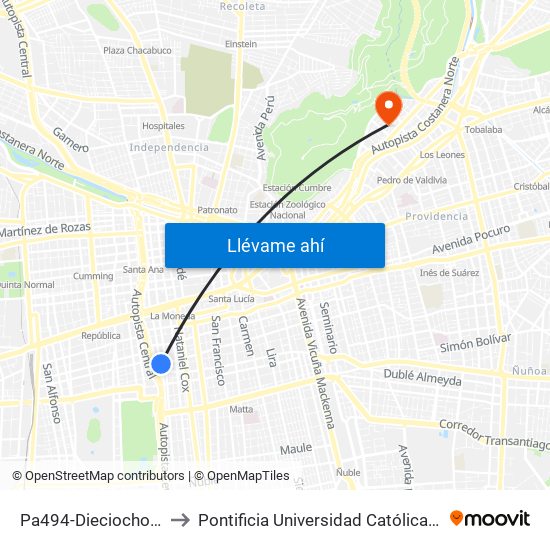 Pa494-Dieciocho / Esq. Santa Isabel to Pontificia Universidad Católica De Chile - Campus Lo Contador map