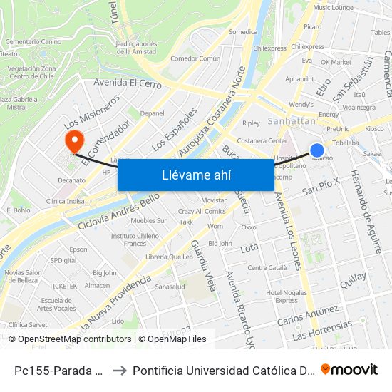 Pc155-Parada 1 / (M) Tobalaba to Pontificia Universidad Católica De Chile - Campus Lo Contador map