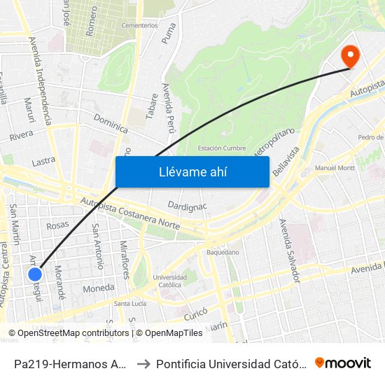 Pa219-Hermanos Amunátegui / Esq. Huérfanos to Pontificia Universidad Católica De Chile - Campus Lo Contador map