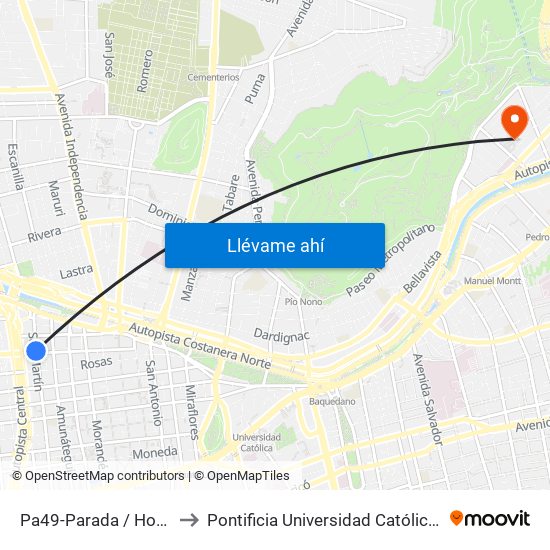 Pa49-Parada / Hospital Traumatológico to Pontificia Universidad Católica De Chile - Campus Lo Contador map