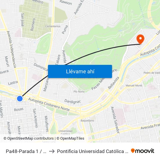 Pa48-Parada 1 / Estación Mapocho to Pontificia Universidad Católica De Chile - Campus Lo Contador map