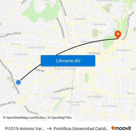 Pi1019-Antonio Varas / Esq. Av. El Descanso to Pontificia Universidad Católica De Chile - Campus Lo Contador map