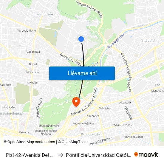 Pb142-Avenida Del Parque / Esq. Los Jardines to Pontificia Universidad Católica De Chile - Campus Lo Contador map