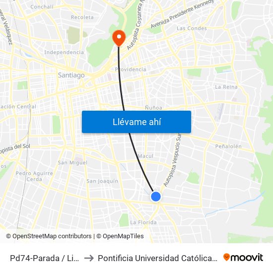 Pd74-Parada / Liceo Camilo Ortúzar to Pontificia Universidad Católica De Chile - Campus Lo Contador map