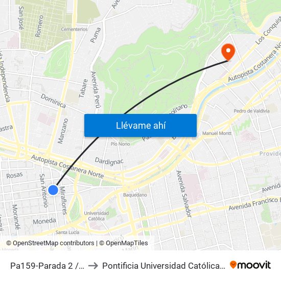 Pa159-Parada 2 / Monjitas - Mac Iver to Pontificia Universidad Católica De Chile - Campus Lo Contador map