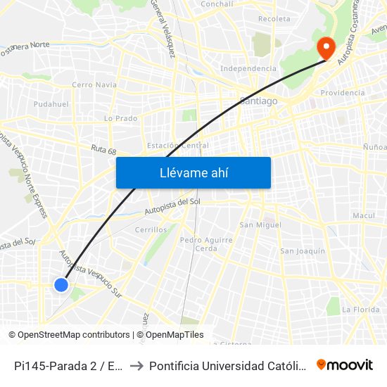 Pi145-Parada 2 / Estadio Santiago Bueras to Pontificia Universidad Católica De Chile - Campus Lo Contador map