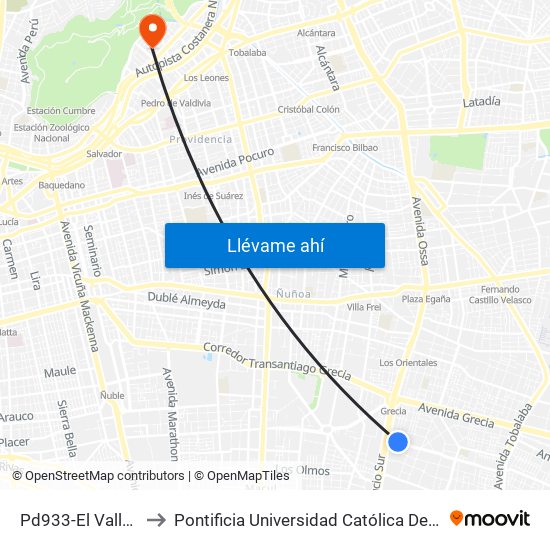 Pd933-El Valle / Esq. Istmo to Pontificia Universidad Católica De Chile - Campus Lo Contador map
