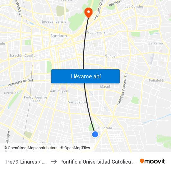 Pe79-Linares / Esq. Punta Arenas to Pontificia Universidad Católica De Chile - Campus Lo Contador map