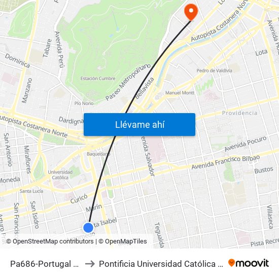 Pa686-Portugal / Esq. Santa Isabel to Pontificia Universidad Católica De Chile - Campus Lo Contador map