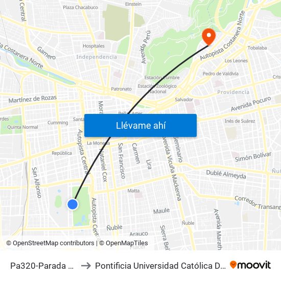 Pa320-Parada / Movistar Arena to Pontificia Universidad Católica De Chile - Campus Lo Contador map
