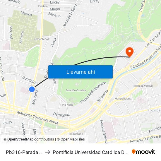 Pb316-Parada / Clínica Dávila to Pontificia Universidad Católica De Chile - Campus Lo Contador map