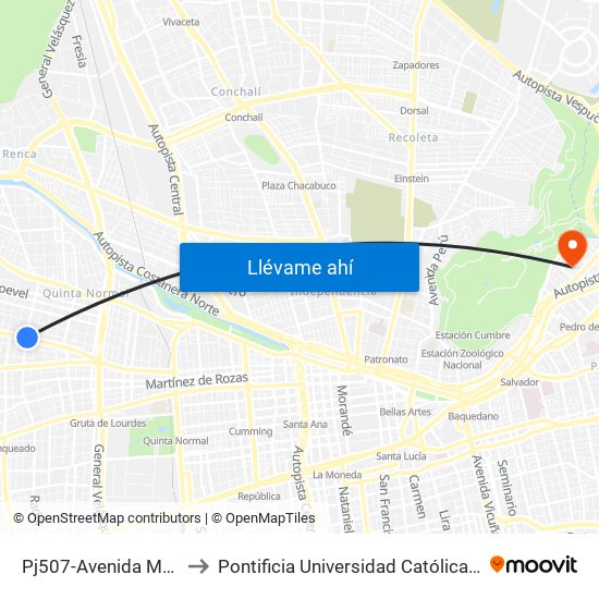 Pj507-Avenida Mapocho / Esq. Radal to Pontificia Universidad Católica De Chile - Campus Lo Contador map