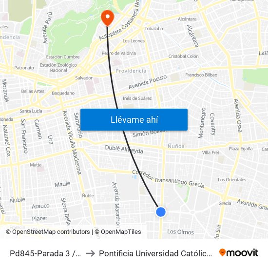 Pd845-Parada 3 / Colegio San Marcos to Pontificia Universidad Católica De Chile - Campus Lo Contador map