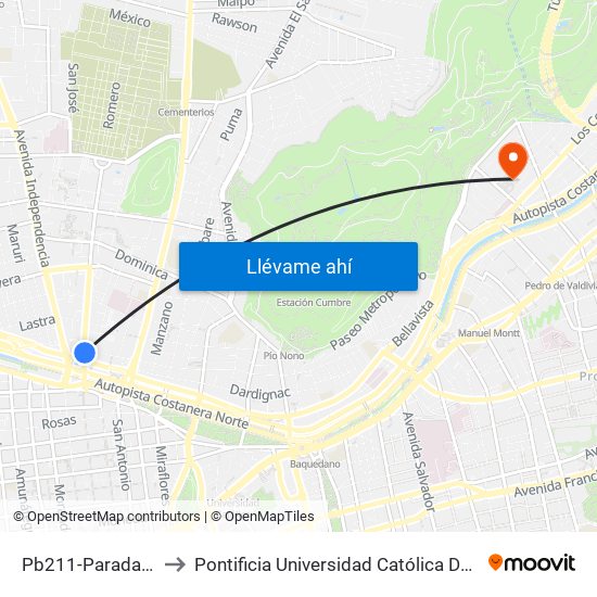 Pb211-Parada / Vega Central to Pontificia Universidad Católica De Chile - Campus Lo Contador map