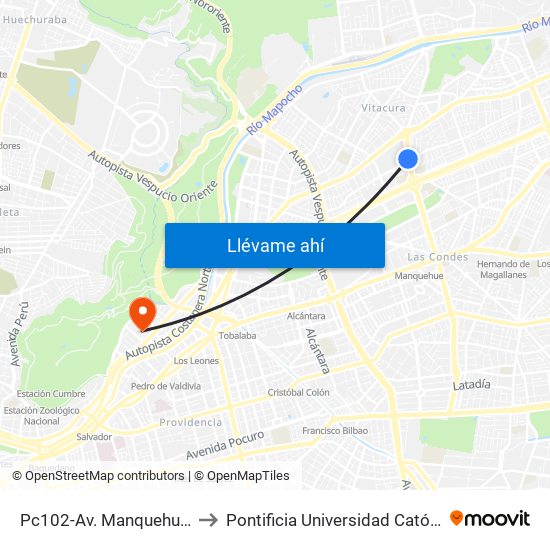 Pc102-Av. Manquehue Norte / Esq. Las Hualtatas to Pontificia Universidad Católica De Chile - Campus Lo Contador map