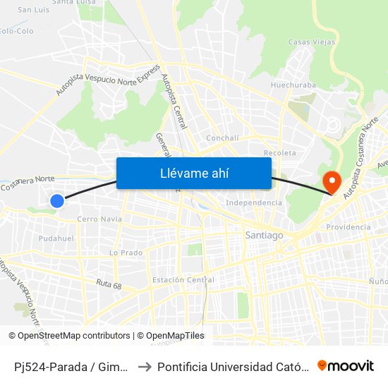 Pj524-Parada / Gimnasio Municipal Cerro Navia to Pontificia Universidad Católica De Chile - Campus Lo Contador map