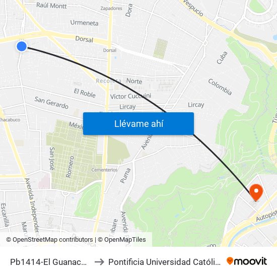 Pb1414-El Guanaco / Esq. Cerro La Cumbre to Pontificia Universidad Católica De Chile - Campus Lo Contador map