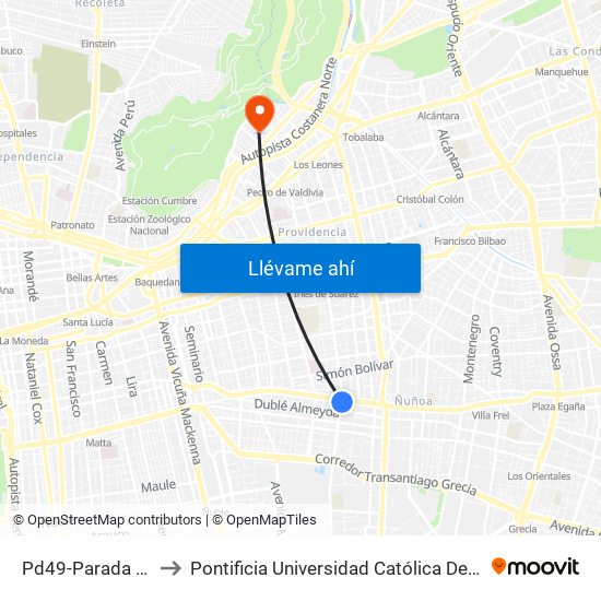 Pd49-Parada 4 / (M) Ñuñoa to Pontificia Universidad Católica De Chile - Campus Lo Contador map