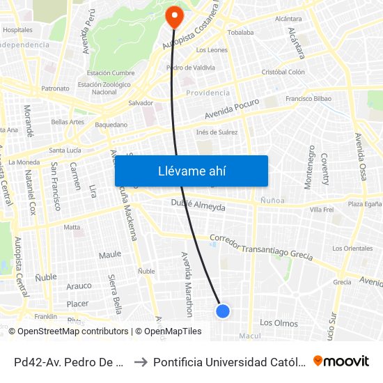 Pd42-Av. Pedro De Valdivia / Esq. Los Espinos to Pontificia Universidad Católica De Chile - Campus Lo Contador map