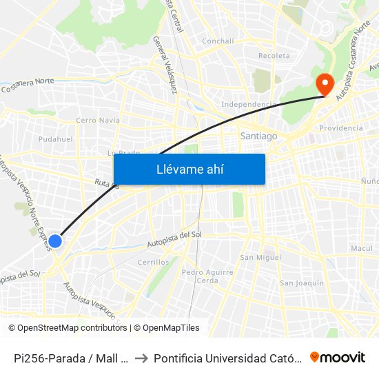 Pi256-Parada / Mall Arauco Maipú - Santa Elena to Pontificia Universidad Católica De Chile - Campus Lo Contador map