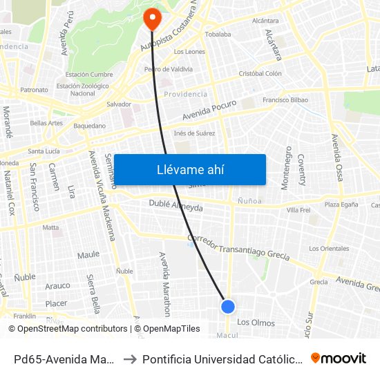 Pd65-Avenida Macul / Esq. Los Espinos to Pontificia Universidad Católica De Chile - Campus Lo Contador map