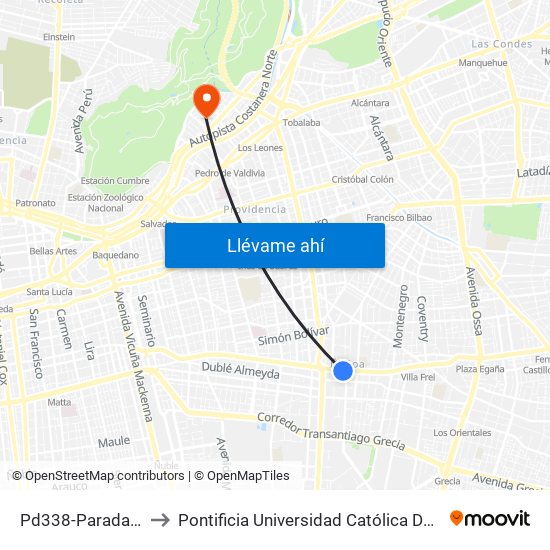 Pd338-Parada / Plaza Ñuñoa to Pontificia Universidad Católica De Chile - Campus Lo Contador map