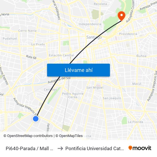 Pi640-Parada / Mall Plaza Oeste - Camino Lonquén to Pontificia Universidad Católica De Chile - Campus Lo Contador map