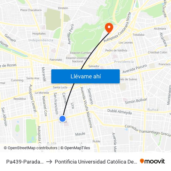 Pa439-Parada 5 / (M) Matta to Pontificia Universidad Católica De Chile - Campus Lo Contador map